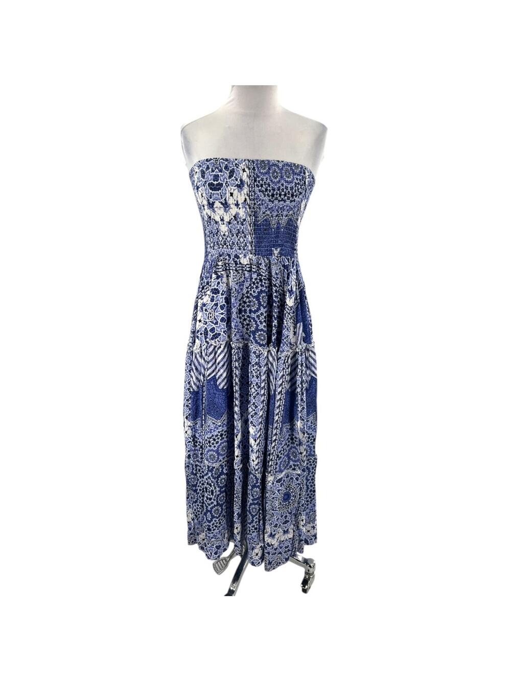 Jaase Salsa Blue Floral Print Smocked Tiered Maxi Dress Sz XS sundress sun dress